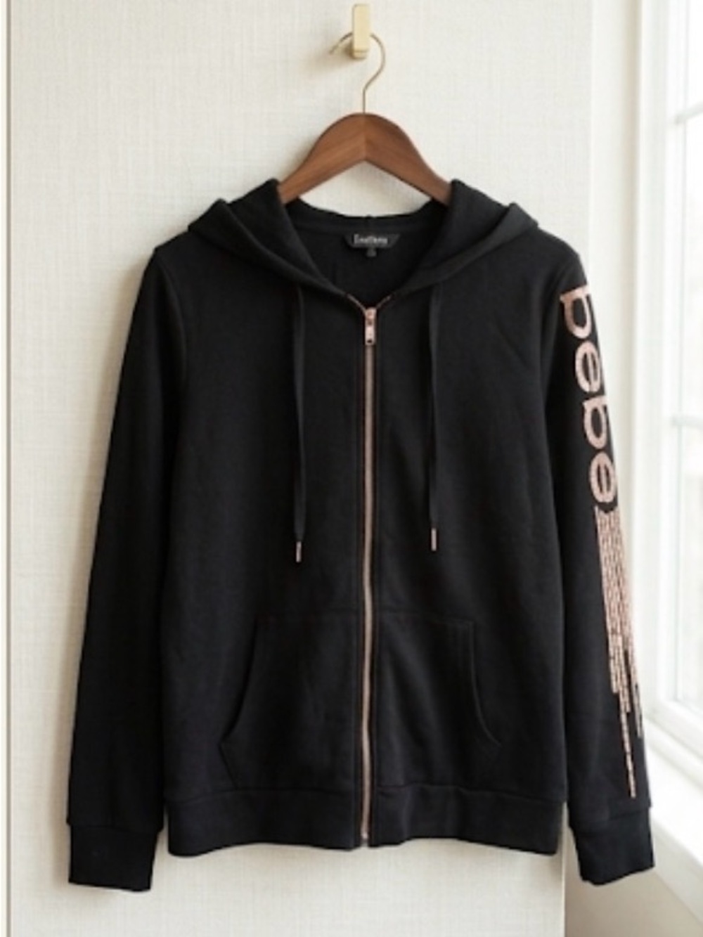 bebe Black Zip-Up Hoodie with Rose Gold Accents